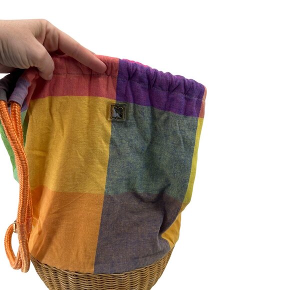 Liz Claiborne Colorful Plaid Drawstring Bag With Wicker Base & Orange Rope Strap - Picture 7 of 9